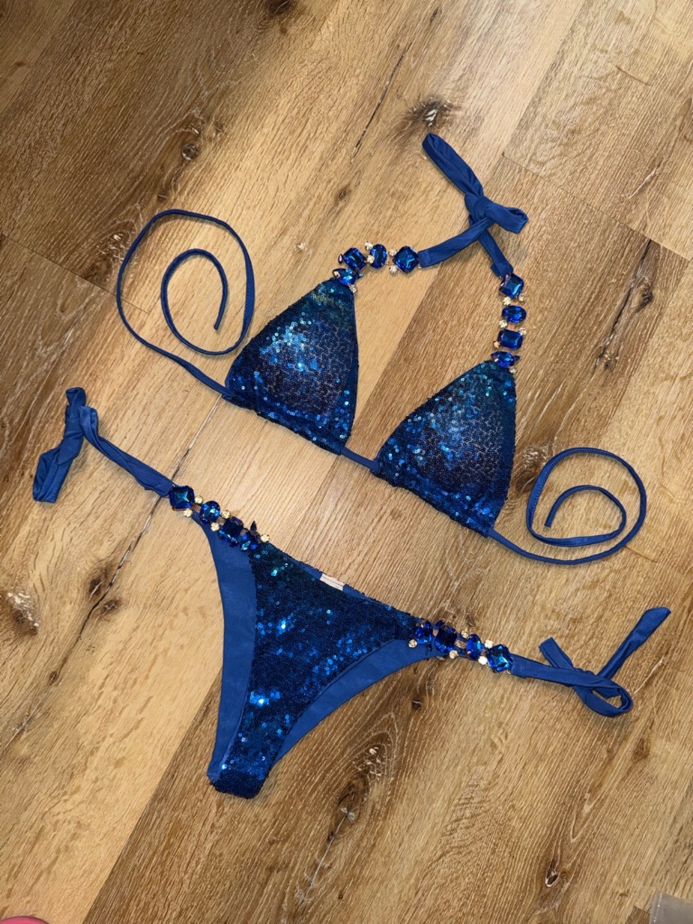 Blue Sequin Embellished Bikini Set